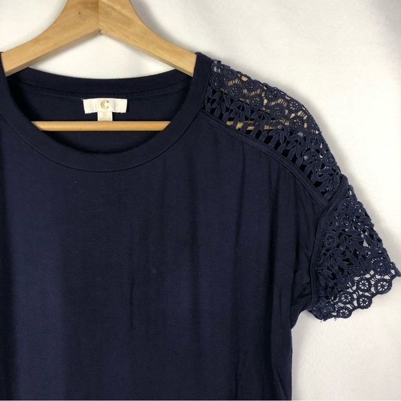 Charming Charlie Navy Blue Lace Shoulder Short Sleeve Blouse S - Picture 3 of 3